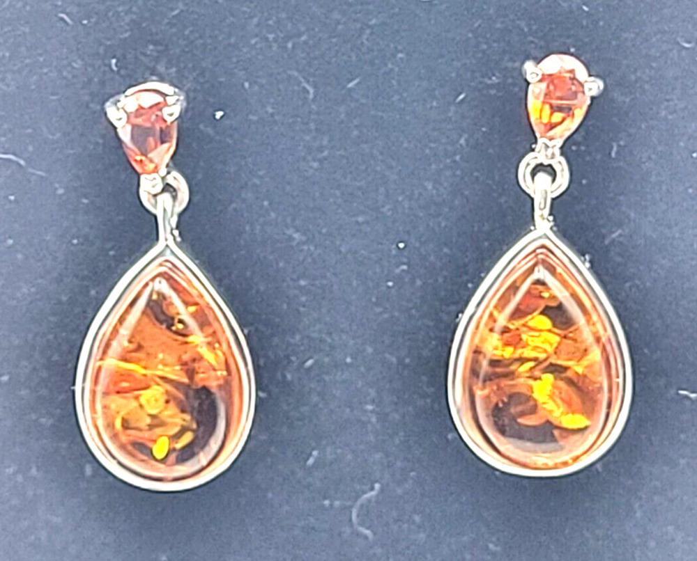 Amber Sterling Silver Teardrop Dangle Earrings BBJ Made in Thailand STUNNING